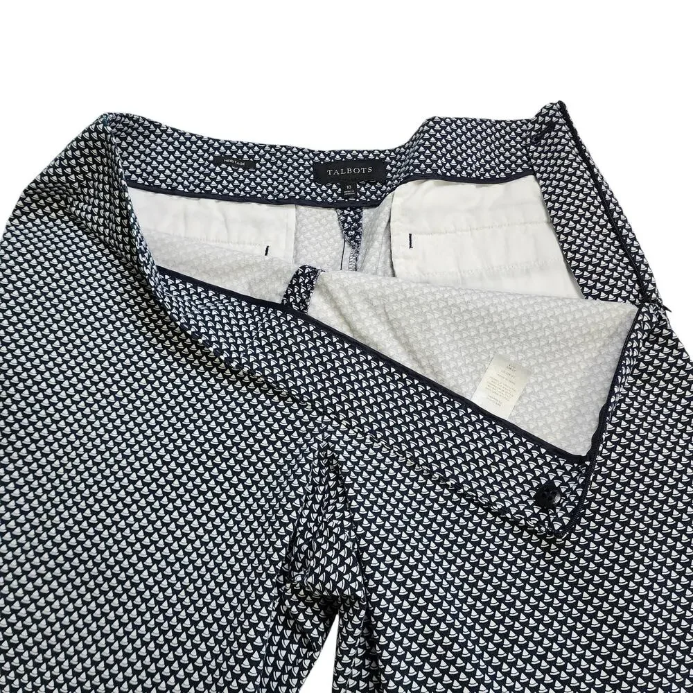 Talbots Womens Heritage Pants Size 10 Navy White Nautical Sailboat Print Cropped